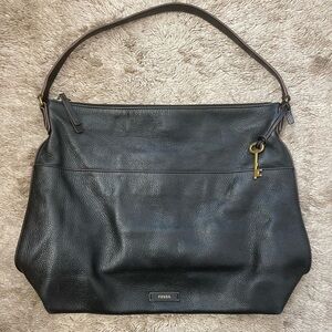 Fossil Black Leather Tote with Key Charm
